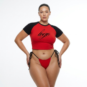 Ensemble de bikini rouge grande taille pour femme, haut court avec logo imprimé et bas string, maillot de bain écologique en spandex et polyester - Product Image 4
