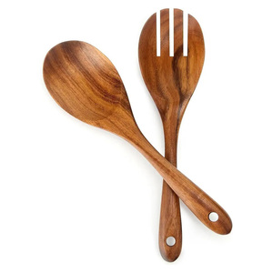 Ensemble de couverts de service à salade en bois : pinces, cuillère et fourchette à long manche pour mélanger, ustensiles de table - Product Image 2