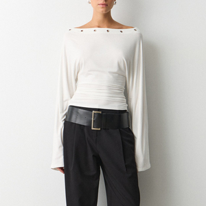 <b>Women's</b> Summer Logo Jersey <b>Compressed</b> Drop-Shoulder Crop <b>Top</b> Long Sleeve Slim Fit Grommet Detail Front Elegant <b>Women</b> Crop <b>Top</b> - Product Image 1