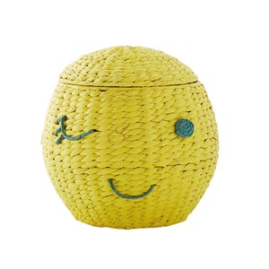 Cute Winking Face Water Hyacinth <b>Basket</b> <b>with</b> <b>Lid</b> Woven Decorative Toy Storage Bin Kids Yellow Laundry Hamper Boho - Product Image 1