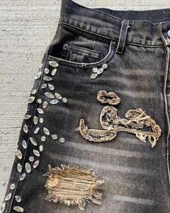 Pantalones Cortos de Mezclilla Baggy para Hombre con Bordado Personalizado de Verano, Apliques de Pedrería, Estilo Streetwear Desgastado y Lavado Ácido - Product Image 2