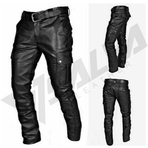 Pantalones Casuales de Cuero PU Negro para Hombre, Cintura Media, Múltiples Bolsillos, Impermeables, Estilo Motero, Corte Recto, Cierre de Cremallera, para Invierno - Product Image 6