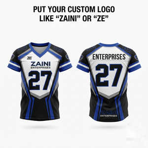 เสื้อฟุตบอลอเมริกันหญิง ผ้าโพลีเอสเตอร์ตาข่ายเบิร์ดอาย พรีเมียม 180 GSM สีขาว ดำ น้ำเงิน  แบบสั่งทำพิเศษพร้อมโลโก้แบบซับลิเมชั่น - Product Image 1