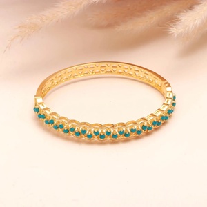 22K Gold Plated Turquoise Bangle <b>Bracelet</b> Geometric Pattern Bezel Setting Women's Classic Everyday Wear Jewelry <b>Adjustable</b> - Product Image 2