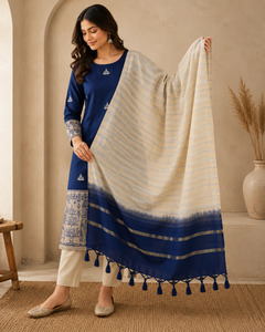 Unstitched Hand Embroidered Jamdani Cotton <b>Kurta</b> Set in Royal Blue <b>for</b> <b>Women</b> Available at wholesale Price - Product Image 4