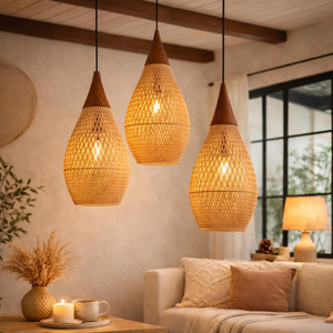 Minimalist Rattan Pendant Light 25cm Handmade Woven Bamboo Lampshade Natural Boho <b>Ceiling</b> Lamp Kitchen Dining Room - Product Image 3