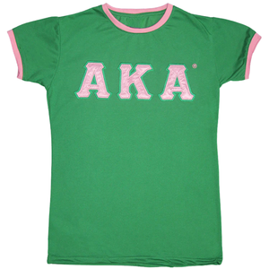 เสื้อยืด AKA Green Ringer แต่งขอบสีชมพู ปักตัวอักษรกรีก เสื้อยืดลำลองสำหรับผู้หญิง สีเขียวและสีชมพู - Product Image 1