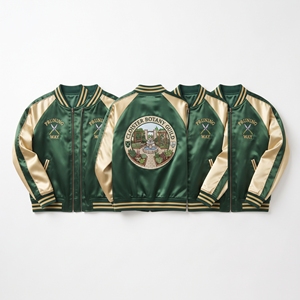 Wholesale Satin Bomber Jacket Chestnut Brown Ivory Watermill Embroidered Varsity <b>Coat</b> Front Zip Outerwear Direct Factory - Product Image 2