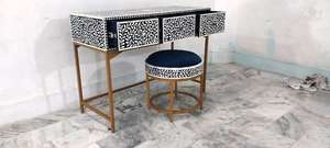 Decorative Accent Furniture Hollywood Glam <b>Vanity</b> Table With Black White Pattern Brass Frame And Matching <b>Stool</b> For Bedroom - Product Image 5