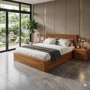 Modern Solid Wood <b>Storage</b> <b>Bed</b> Frame Luxury Fluted Headboard King Size Bedroom Set <b>with</b> Nightstands Indonesia Factory Custom - Product Image 2