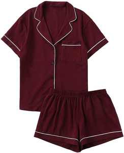 Conjunto de pijama de manga corta color granate para mujer con ribete blanco, ropa de dormir clásica de algodón, conjunto de pantalones cortos con botones delanteros para verano - Product Image 1