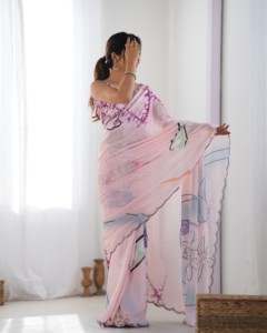 Pink Digital Printed Heavy Chinnon Saree With Floral Design For Women <b>Wedding</b> Wear Print Work with Beautiful Kutchi Work Mirror - Product Image 6