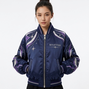 <b>Womens</b> <b>Navy</b> Blue Satin Bomber <b>Jacket</b> With Purple Silver Star Graphic Curved Sleeve Panels Ribbed Collar Zip Closure Wholesale - Product Image 1