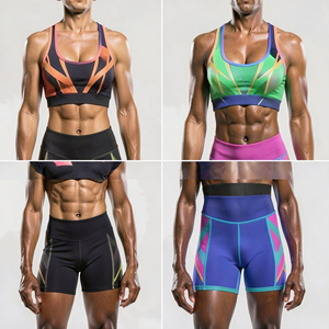 Color Blocking 2 Piece Yoga Set High Waist Shorts Scoop Neck Racerback <b>Crop</b> <b>Top</b> Breathable Spandex Polyester - Product Image 1