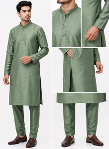 CHOHAN TEXTILE <b>Men's</b> Green Silk Cotton Kurta <b>Pajama</b> <b>Set</b> Regular Fit Knee-Length Traditional Ethnic Wear Sun Protection Party - Product Image 2