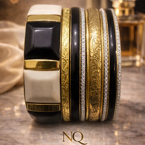 Fashion Women <b>Bangle</b> <b>Set</b> – Black & Gold Resin Bracelets with Stone Work, Party Wear Jewelry Supplier - Product Image 1