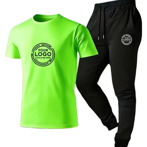 Custom Athletic Set T-Shirt Long Pants Personalized Casual Men's Contrast Color Topstitch Crew Neck Summer Knitted ODM - Product Image 1