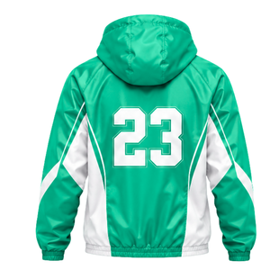 Chaqueta deportiva hecha a medida con capucha, detalles de rayas en contraste, cremallera frontal y gráfico con número para clubes y equipos deportivos. - Product Image 2