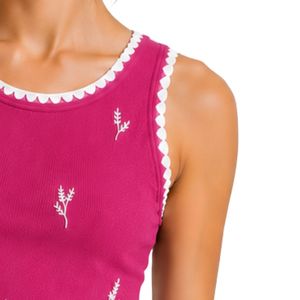 Top de Tirantes Acanalado para Mujer en Rosa Fucsia y Blanco, Sin Mangas, Bordado, Casual, Verano, Ajuste Delgado, Algodón Elástico, Prenda Personalizada OEM - Product Image 4
