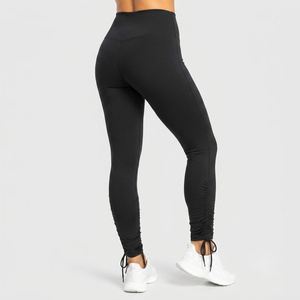 Leggings de sport pour femme taille haute froncés à la cheville, longueur intégrale, noirs unis, extensibles - Product Image 2
