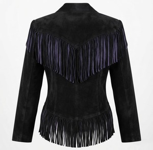 Blazer en daim noir pour femme avec franges et pompons violets, col rabattu, simple boutonnage, veste d'automne - Product Image 2