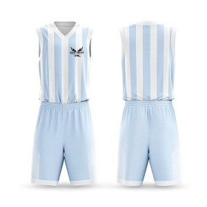 Conjunto de Uniforme de Baloncesto Ekin Impex, Azul Claro con Rayas Blancas, Sin Mangas, Cuello en V, Transpirable, Poliéster, Uniformes de Baloncesto Personalizados - Product Image 1