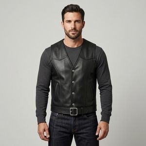 Men's Black Genuine Leather <b>Biker</b> Vest V-Neck Sleeveless <b>Waistcoat</b> with Belt - Product Image 2