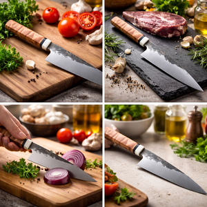 Cuchillo utilitario hecho a mano en acero con alto contenido de carbono, mango de resina, funda de cuero, ambidiestro, apto para lavavajillas, superficie de hoja martillada - Product Image 6