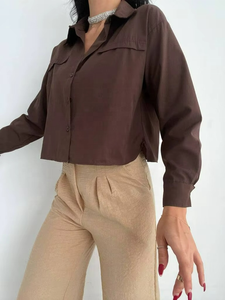Women Cropped Cotton Woven Shirt Vintage Simple Breathable Long Sleeves Button-up Blouse Chic Tops Casual Summer Fashion <b>Brown</b> - Product Image 2