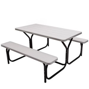 All Weather Outdoor Garden <b>Set</b> Picnic <b>Table</b> <b>Bench</b> with Metal Base <b>and</b> Wood Top for Any Weather Conditions - Product Image 1