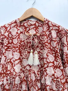 Elegant Brown Floral Hand Block Print Top Cotton Puff Sleeve Loose Fit <b>Boho</b> style Tie-Neck Detail <b>Summer</b> Casual Mini <b>Dress</b> - Product Image 4
