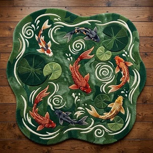 Alfombra de Salón o Dormitorio con Diseño de Peces Koi Inspirados en la Naturaleza, Alfombra de Felpa Suave con Forma Irregular, Hecha a Mano - Product Image 5