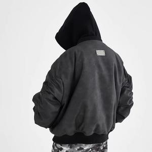 Blouson bomber unisexe noir en PU, à capuche, fermeture éclair, épais, coupe-vent, décontracté, pour l'hiver, longueur normale, couleur unie - Product Image 2