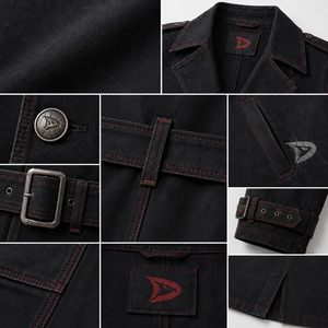 Gabardina Gótica de Mezclilla Negra Cruda para Hombre, Abrigo Largo con Cinturón y Costuras Rojas en Contraste, Estilo Grunge Urbano de Algodón Pesado - Product Image 4