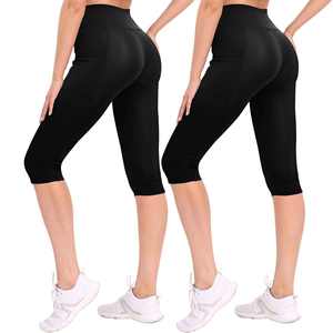 Mid Waist Simple <b>Legging</b> for Women Capri Full Length Soft 3/4 Tummy Control Crossover Waist Gym Pants <b>Pockets</b> 100% Cotton - Product Image 2