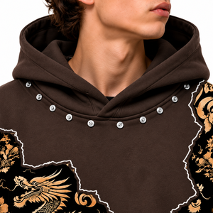 <b>Men</b>’s <b>Brown</b> Black Dragon Floral Graphic Patchwork Pullover <b>Hoodie</b> Premium Streetwear - Product Image 5