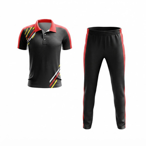 Wealthy Black Red <b>Cricket</b> Sports Polo <b>Shirt</b> with Cotton Jogger Pants Set Breathable Polyester Training Kit - Product Image 2