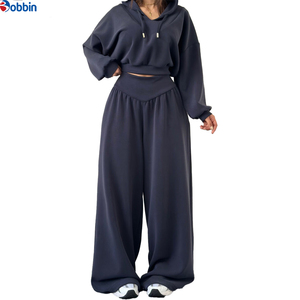 Conjunto Deportivo Personalizado para Mujer, Color Azul Marino, Top Corto con Capucha y Pantalones Anchos, Estilo Casual, Holgado, Color Sólido, para Otoño - Product Image 1