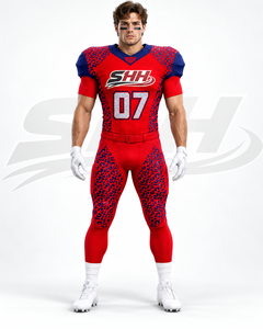 Uniforme de football américain personnalisé rouge et bleu pour hommes, maillot sublimé à imprimé léopard avec pantalon de match assorti, numéro d'équipe personnalisé - Product Image 5