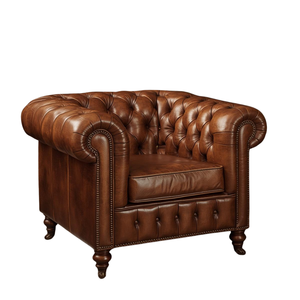 Sillón Clásico de Cuero Marrón con Brazos Enrollados y Detalles de Tachuelas, Silla de Estilo Vintage para Sala de Estar u Oficina - Product Image 2