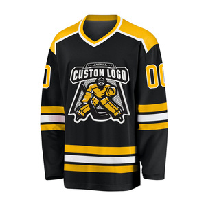 Custom Logo <b>Men's</b> <b>Black</b> Yellow Ice Hockey Jersey V-Neck Full Sleeve Sublimated Print Breathable Polyester Mesh Apparel - Product Image 1