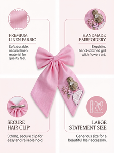 Girls Handmade Pink Hair <b>Bow</b> <b>Clip</b> Embroidered Fabric Ribbon <b>Bow</b> Hair Accessory Cute Kids Casual Fashion 10" Size Gift Item Trend - Product Image 6