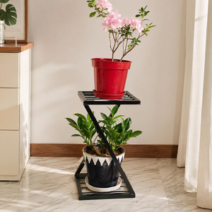 Étagère à plantes en fer noir à 2 niveaux avec étagères à lattes carrées, support moderne à double niveau pour pots de fleurs pour la maison, le balcon, la terrasse - Product Image 3