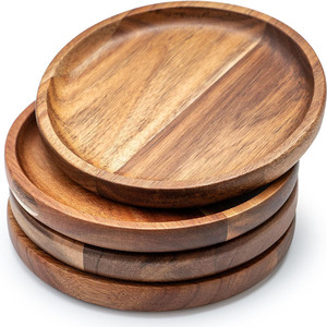 Plateau de service en bois brun écologique, peint à la main, design bohème rond, pour cadeaux, décoration de table, fabriqué au Vietnam - Product Image 1