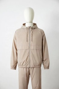 Ensemble de survêtement beige à capuche pour homme, manches longues, fermeture éclair, séchage rapide, couleur unie, léger, idéal pour le printemps - Product Image 3