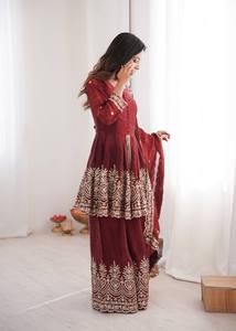 Women Embroidered Heavy Two Tone Fandy Silk Salwar Kameez Set Velvet Dupatta Traditional Indian Pakistani Graduation Diwali - Product Image 4