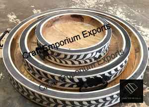 Ensemble de 3 bols et plateaux de service en bois de mangue naturelle écologique avec motif incrusté d'os pour les plats et les assiettes de service - Product Image 3