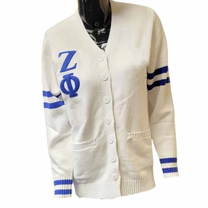 Zeta | Phi | Beta Sorority <b>Varsity</b> <b>Cardigan</b>-White Acrylic Knitted Women V Neck Button Front Embroidered Letter Sleeve - Product Image 1