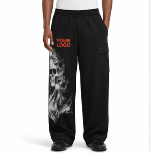 Pantalon de survêtement cargo ample personnalisé à jambe large, imprimé crâne, style streetwear oversize, coupe décontractée - Product Image 1
