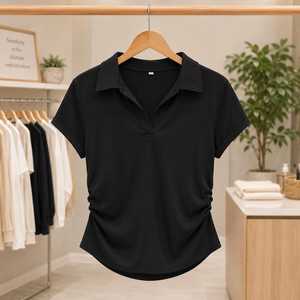Women's Black for Neck T-<b>Shirt</b> Short Sleeve Loose Fit Casual Knitted Cotton Quick Dry Spring Summer Wear - Product Image 3